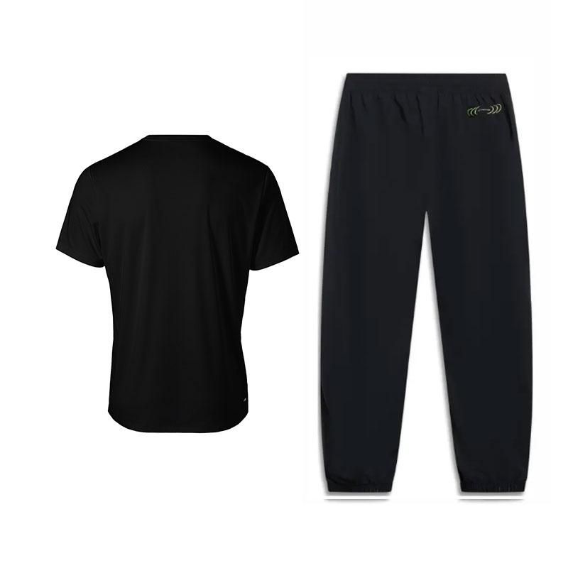 Li-Ning Summer Breathable Short Sleeve Cultural Shirt Comfortable Long Pants Sports Suit Men Suit Black W833-1+T415-1