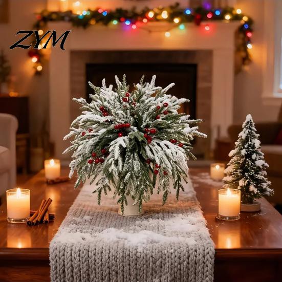 DIY Christmas Garland Decorations Artificial Snow Pine Branches And Red Berry Stems, Snowy Norfolk Stem, Faux Stems for Vase White Frosted Needles