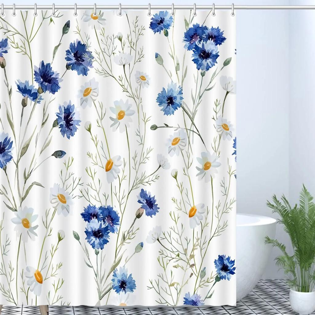 Niebieska Kwiatowa Zasłona Prysznicowa Akwarelowe Kwiaty Zasłona do Wanny Poliestrowa Wodoodporne Zasłony Łazienkowe z Haczykami Parawan Łazienkowy