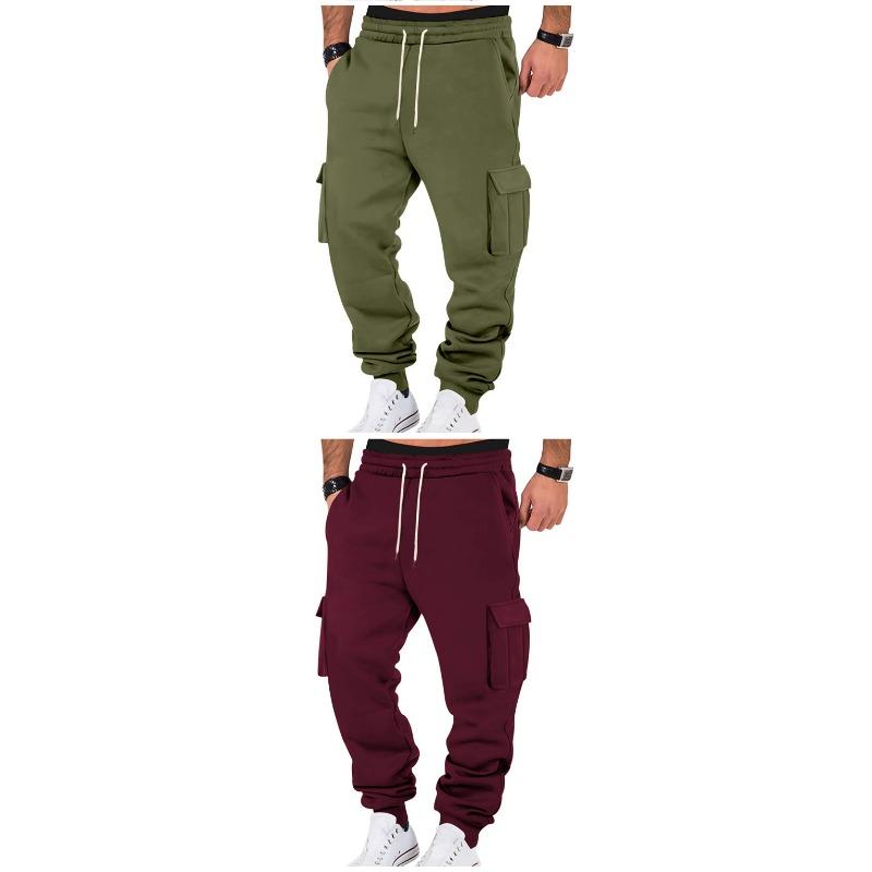 Men Fleece Casual Cargo Pants Loose Multi Pocket Drawstring Long Trousers