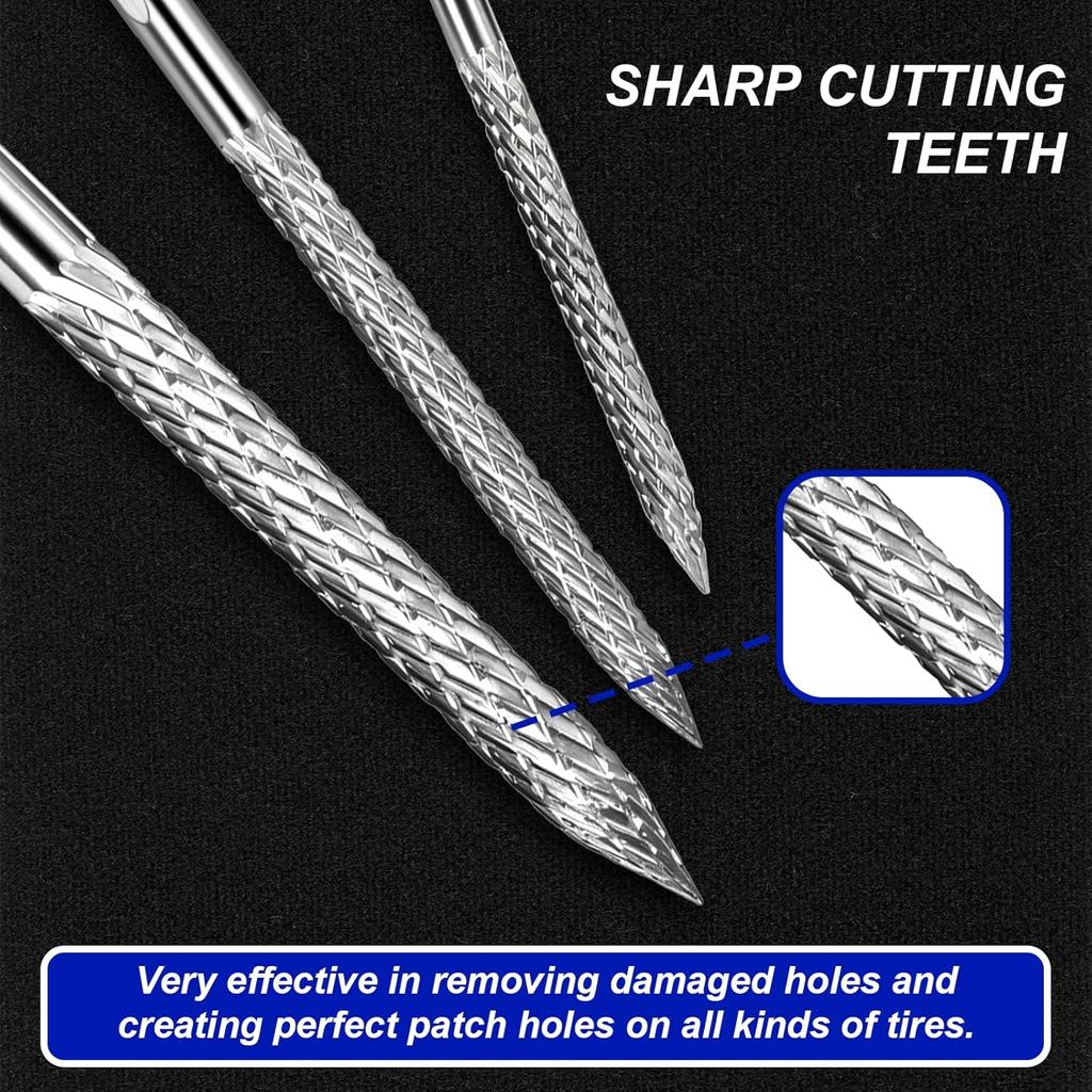 Tire Reamer Drill Bit, 3Pcs/Set Multi Sizes Flat Tire Repair Tools Carbide Burr Drill Bit Carbon Steel Tire Patches Plug Cutters Tire Plug Repair Kit