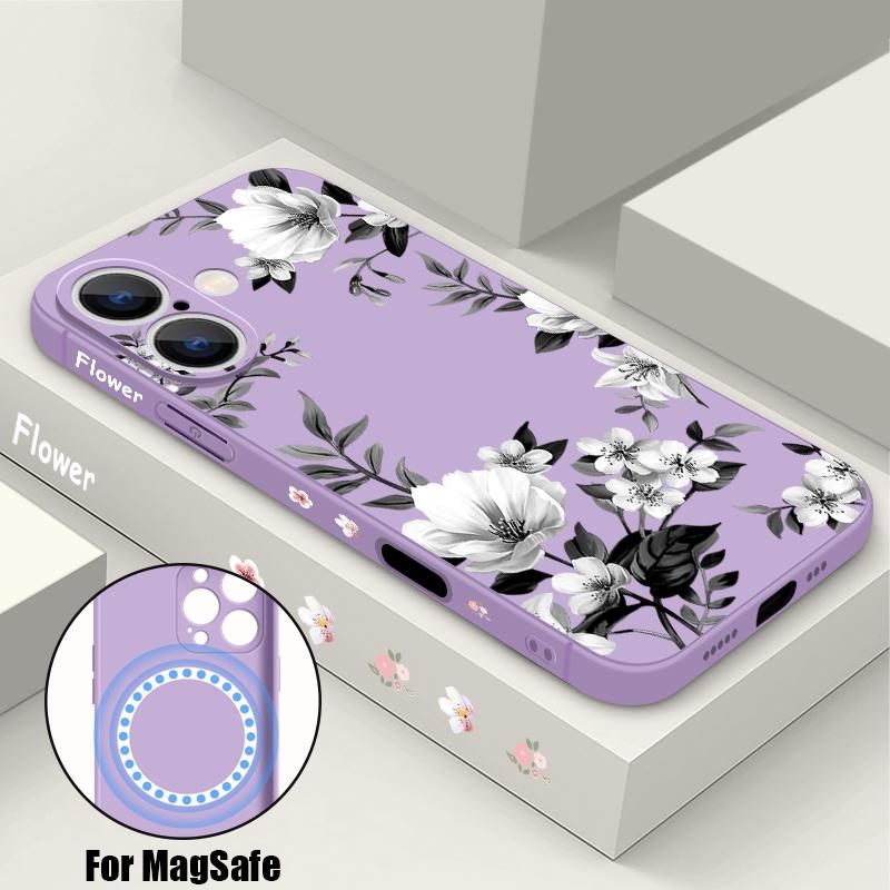 Magnetic For Magsafe Black-white Flower Case For iPhone 16 Pro Max Coque iPhone 15 Pro Max 14 13 11 17 Built-in Metal Plate Case