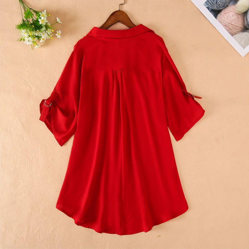 Short Sleeve Shirt Summer Women's Front Short Back Long Shirt Large Chiffon Shirt Half Open Collar Shirt