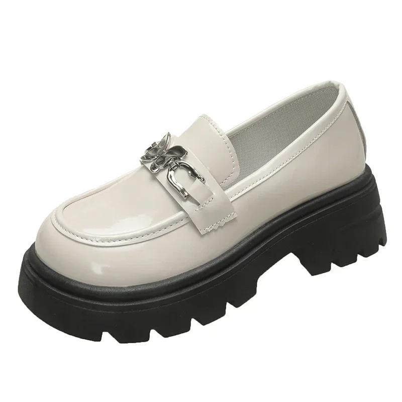 New Women's Patent Leather Thick Sole Loafers Square Heel Round Head Metal Decoration Ladies Shoes Anti-slip Comfortable Leisure