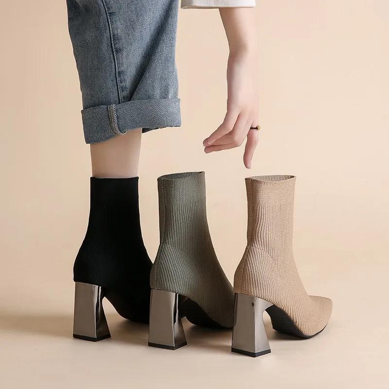 Socks Boots Women High Heel Pointed Toe Ankle Boots Autumn Winter Warm Breathable Botas Wool Knitting Stretch Boots For Women