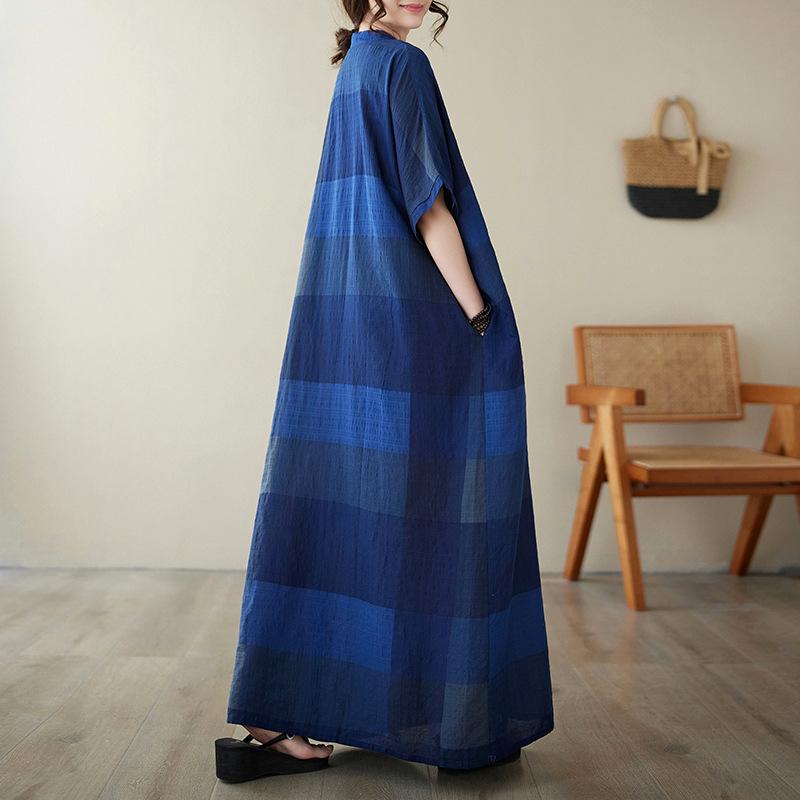 Women's Short Sleeve Maxi Dress V Neck Elastic Waist Vintage Bohemian Kaftan Dress