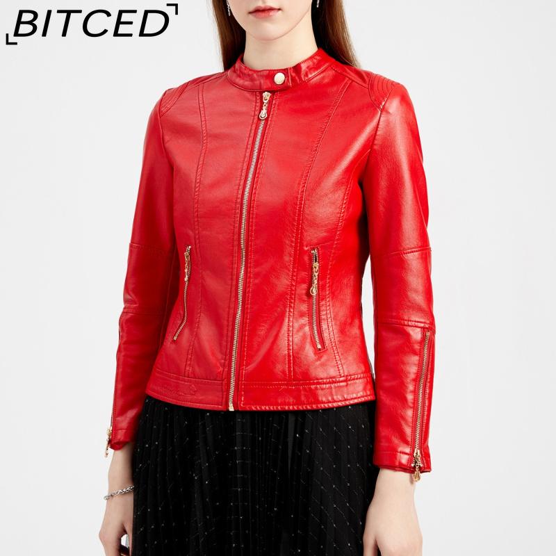 BITCED Fashion Women's PU Leather Short Jacket with Stand Collar Lightweight Spring/Autumn Leather Jacket