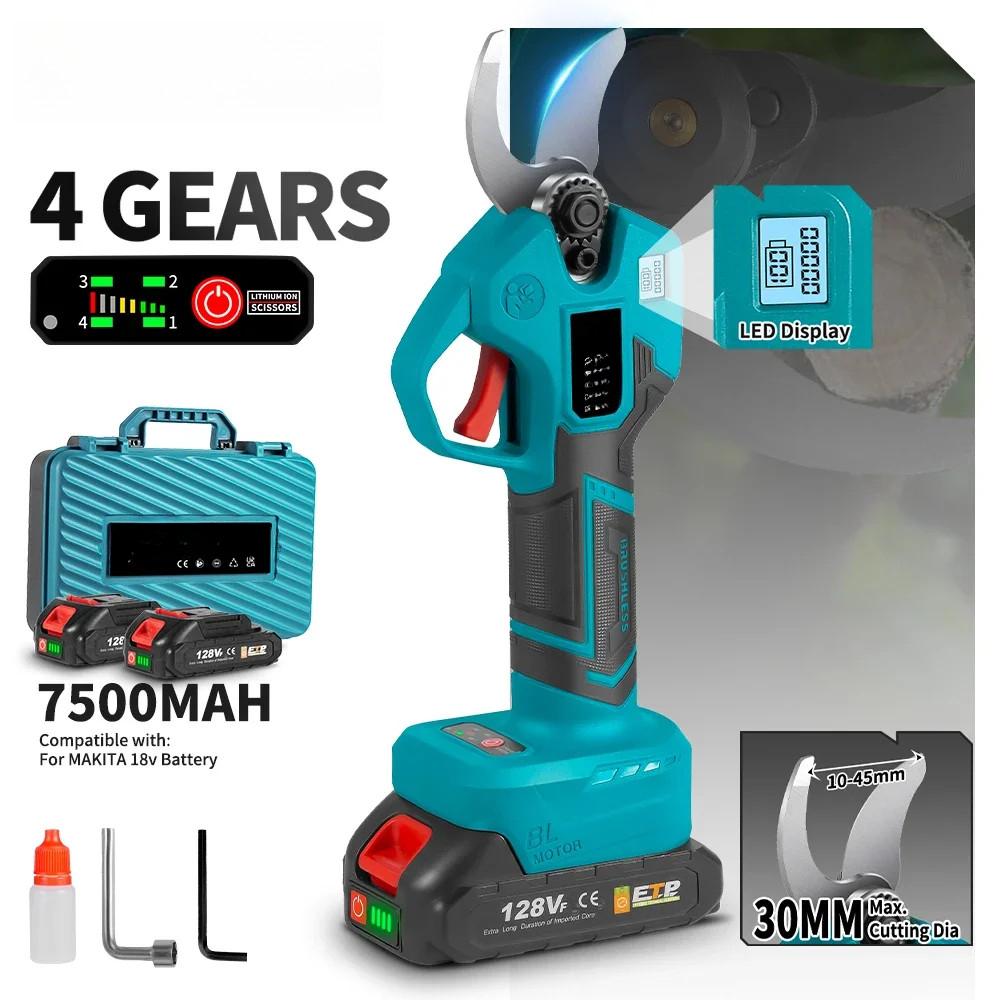 30mm Brushless Electric Pruner Shear 4 Gears Adjustable Cordless Electric Scissors Garden Bonsai Trimming Power Tools
