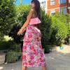 Women Spring Sleeveless Floral Print V-neck Suspender Dress Summer Casual Slim Ankle-Length Backless High Waist Slit Dresses