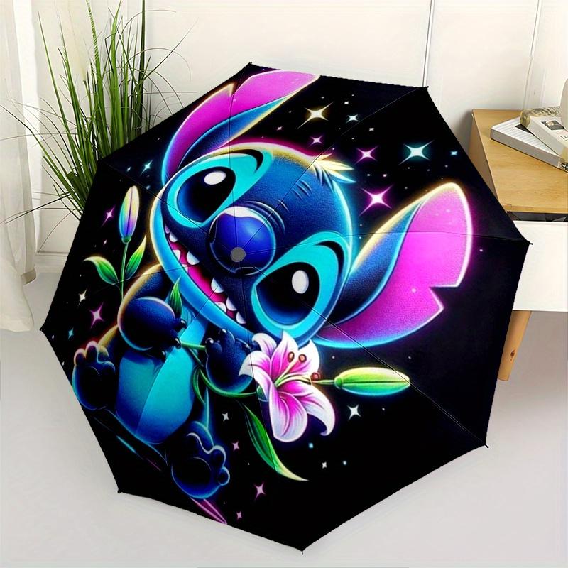 

Stitch,Neon Fully automatic themed umbrella 8 ribs durable iron frame, tri fold compact design, perfect as a gift, travel umbrella, unisex