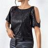 Women's Fashionable Sexy Off,the,Shoulder Round Neck Short Sleeve Glitter Sequined T,Shirt Top