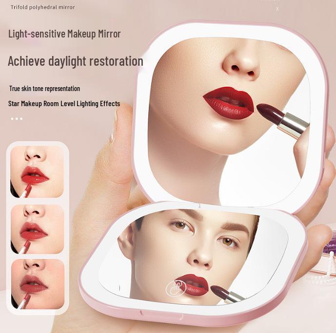 Compact Rechargeable Cosmetic Bag with LED and Foldable Handheld Makeup Mirror for Female Students