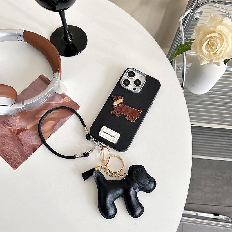 TPU Faux Leather Phone Case with Hand Strap & Puppy Pendant for iPhone 16 Pro Max, 15, & 14 Women's