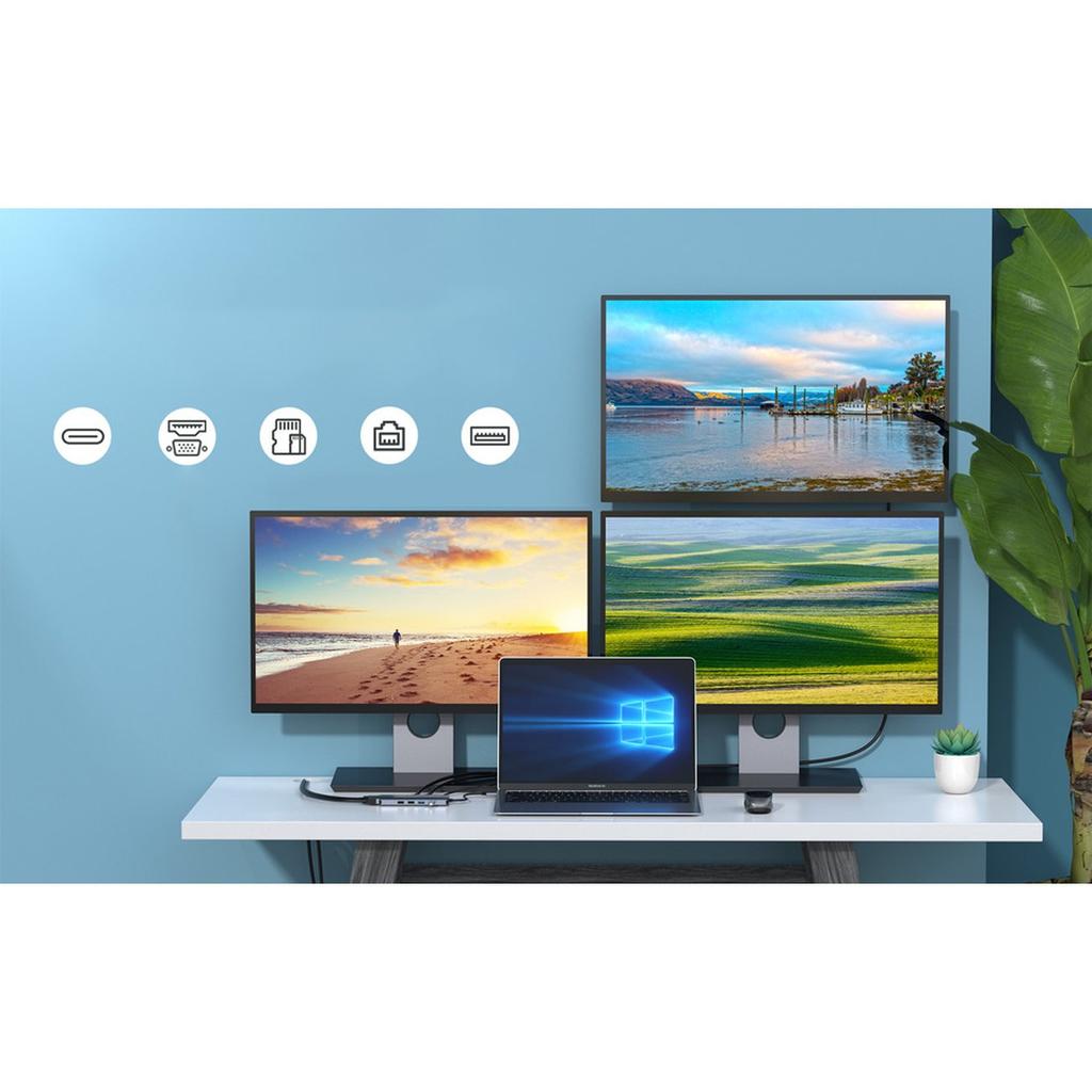 Choetech 12-in-1 USB-C Multiport Hub with Display - 1x USB-C, 4x USB-A, 2x HDMI, VGA, AUX, Memory Card Reader, Gray (HUB-M26)