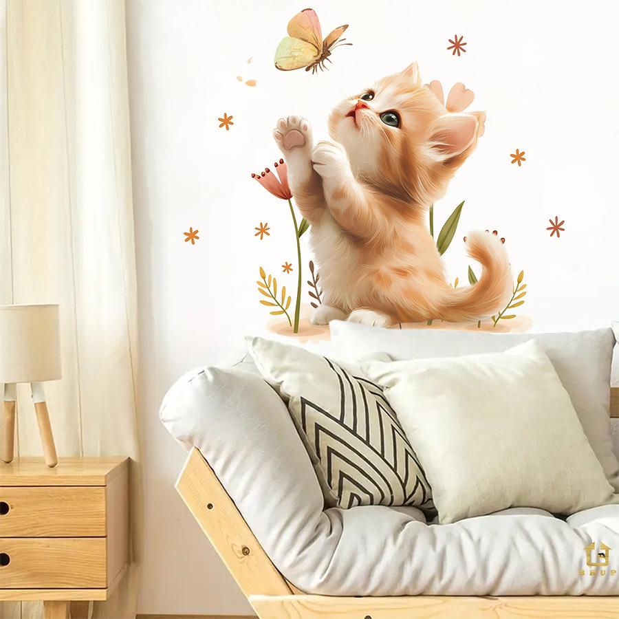 Adorable Orange Kitten with Butterfly Wall Stickers, Self-Adhesive Decor for Bedroom Living Room Home Background Decoration