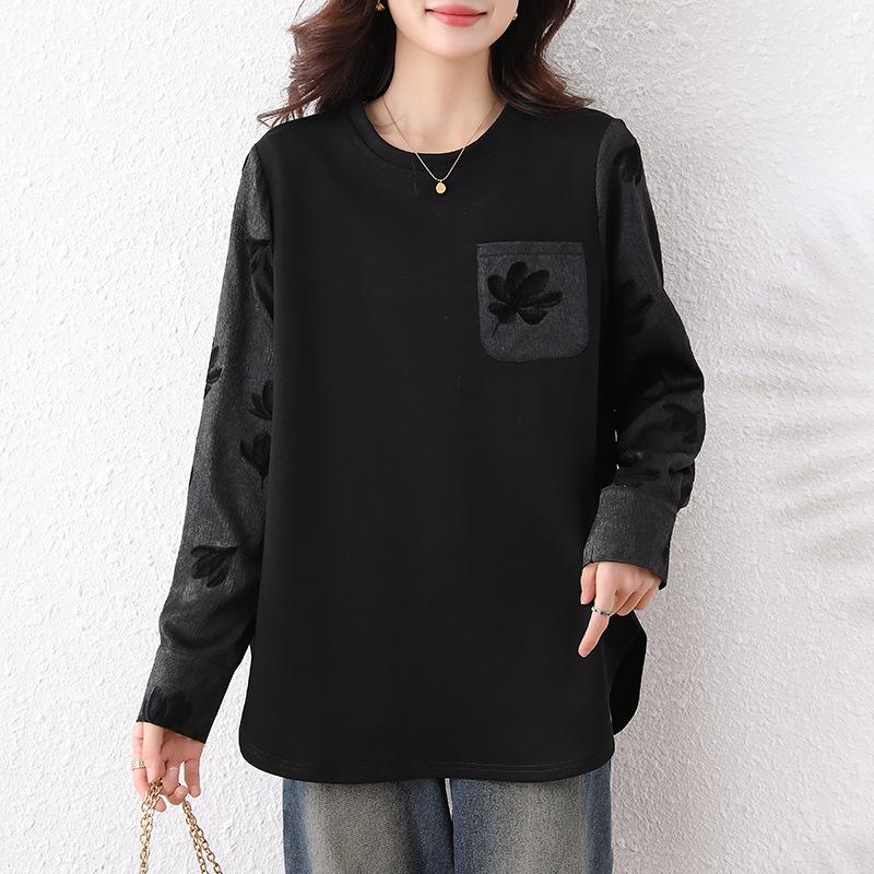 

No Pilling, Age-Reducing Casual Patchwork Hoodie for Women - Spring/Fall, Skin-Friendly, Loose Fit, Plus Size, Slimming Top 3XL чёрный