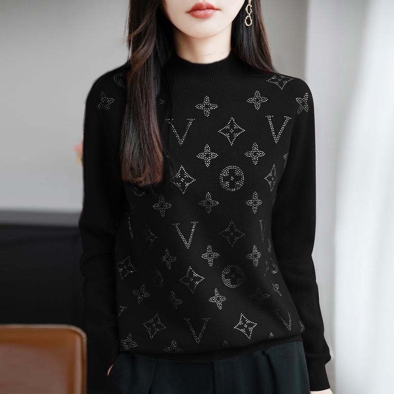 

Женский осенний вязаный свитер со стразами: Воротник-стойка, Повседневный, Универсальный, Свободный крой M чёрный