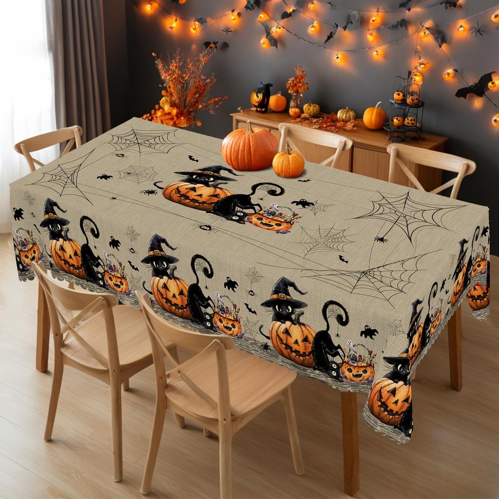 Halloween Cat Pumpkin Spider Web Rectangle Tablecloth for Table Decor Gothic Vintage Kitchen Dining Table Cloth Halloween Decor