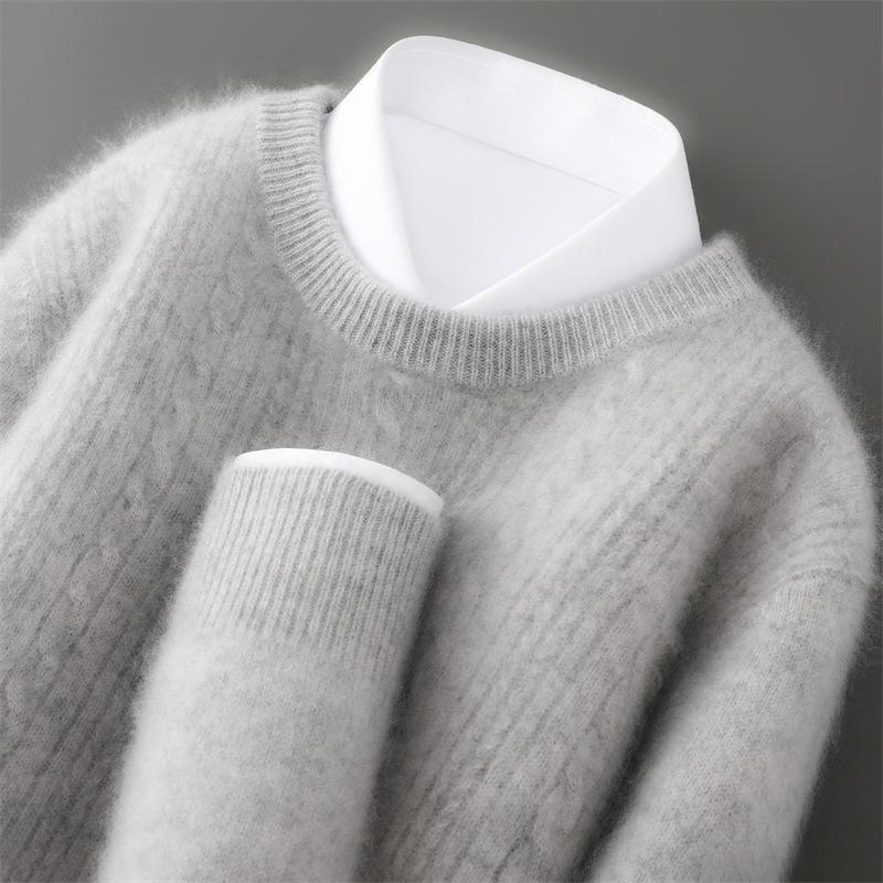 Men's 100% Wool Round Neck Sweater, Thickened Knit Pullover, Autumn/Winter Cashmere Base Layer Top