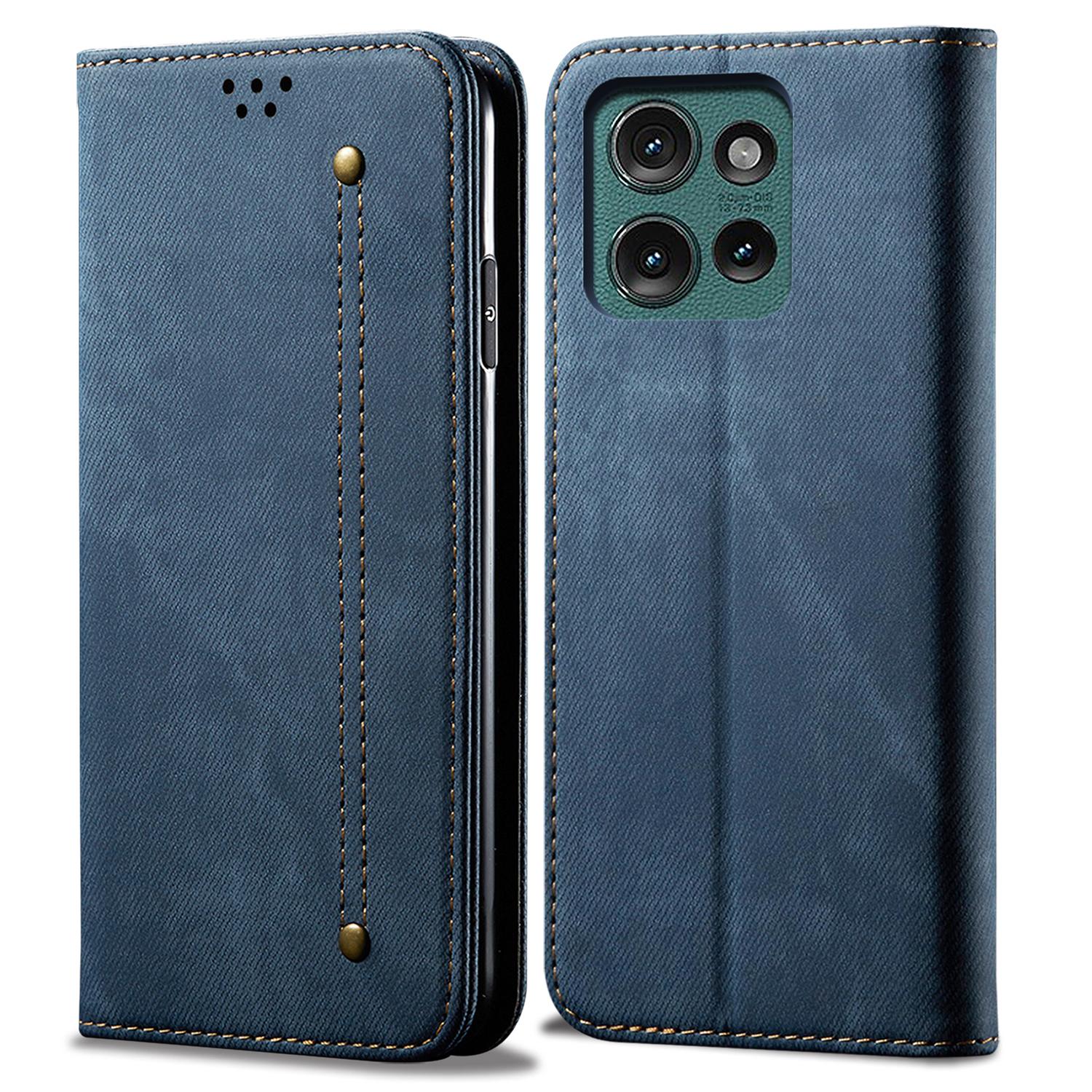

For Motorola Edge 50 5G Case Jeans Cloth Texture Anti-Scratch Leather Stand Phone Cover Blue