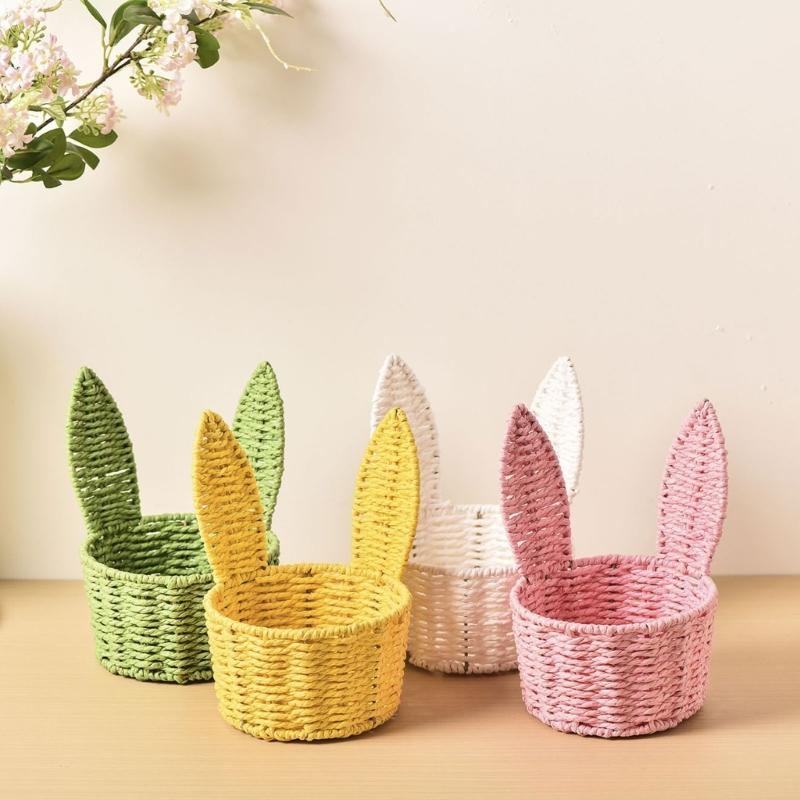 Handwoven Paper Rope Rabbit Ears Storage Basket With Iron Frame For Easter Decoration And Gift Packaging
