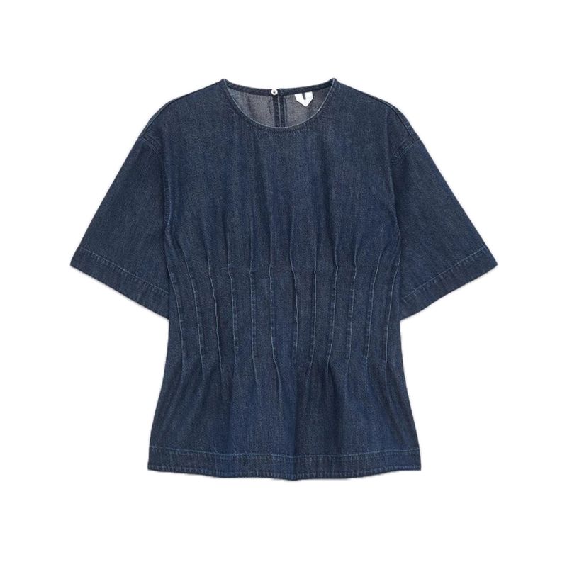 Summer New Product Women's Clothes Commute Style Pinch Pleated Decorative Cotton Round Neck Short Sleeve Waist-Controlled Denim Tops 1270370