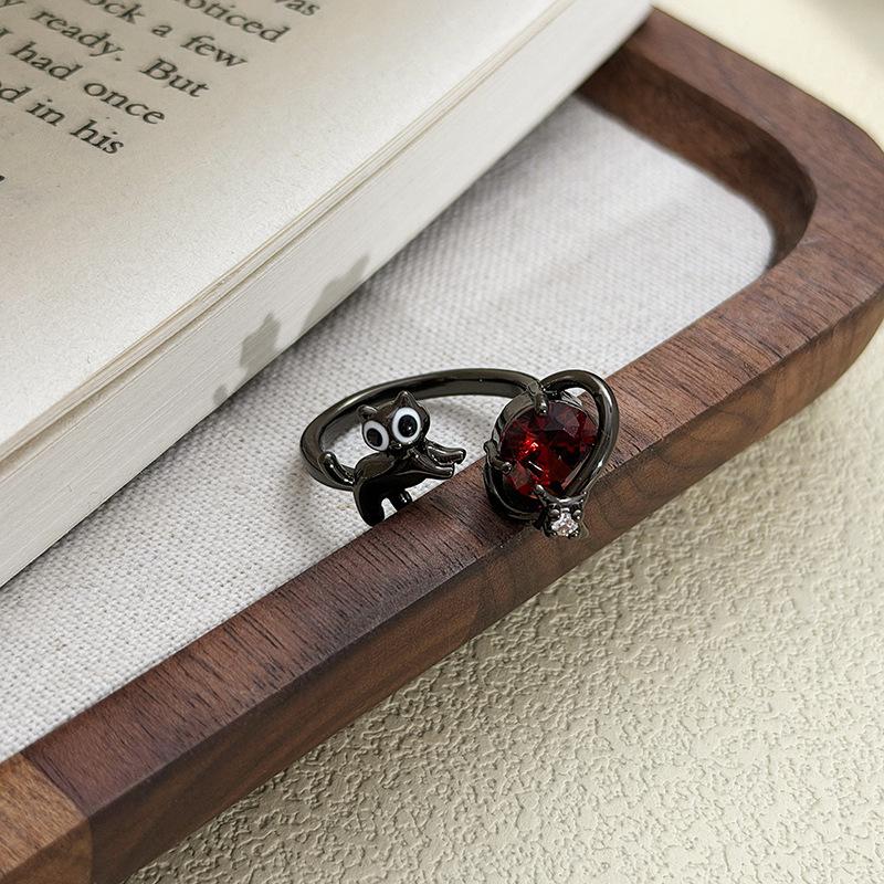 Dark Gothic Y2K Cat Full Diamond Zir*****Pen Ring Sweet Cool Niche Premium Sense Stacked Ring