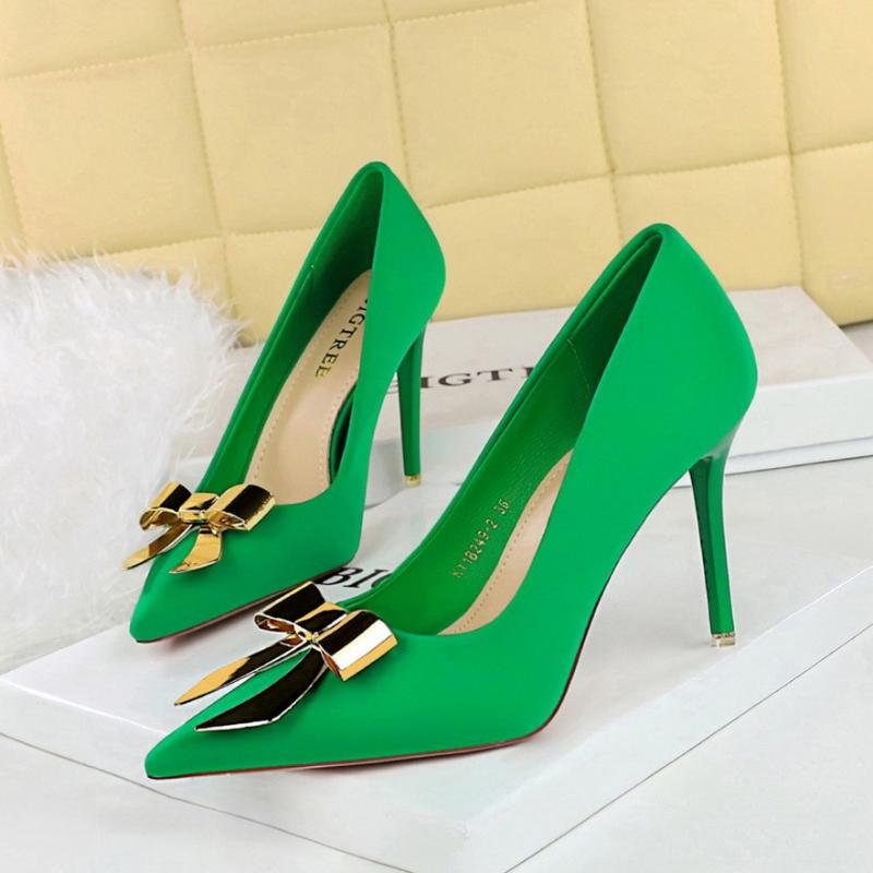 Fashionable Pointed High Heels Metal Bow Thin Heels Single Shoes For Women's Satin Light Mouth Women's Shoes Elegant And Simple