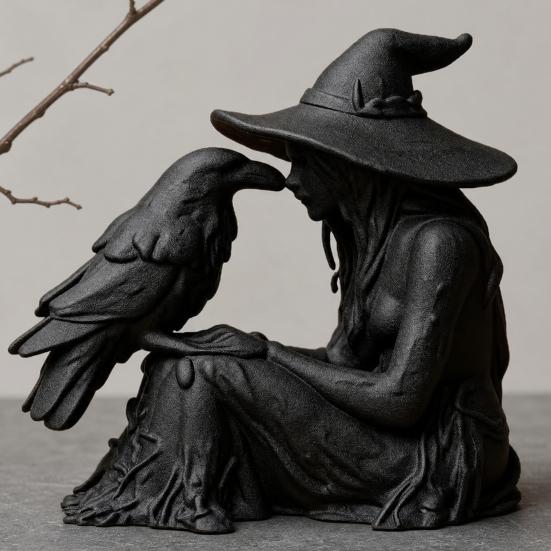 3D Printed Witch Ornament, with Stable Base Matte Black Figurine, Gothic Style Resin Sculpture for Halloween Party Home Decorations