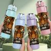 1PC Fierce Tiger Head Closeup Print 750ml Color Plastic Sports Water Bottle Leakproof Flip Straw Lid Suitable for Sports Office Home Use