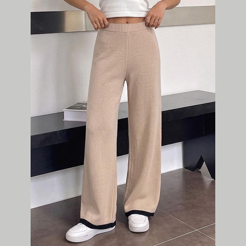 Women Autumn Winter Solid Color Knit Pants High Waist Wide Leg Contrast Cuff Casual Trousers