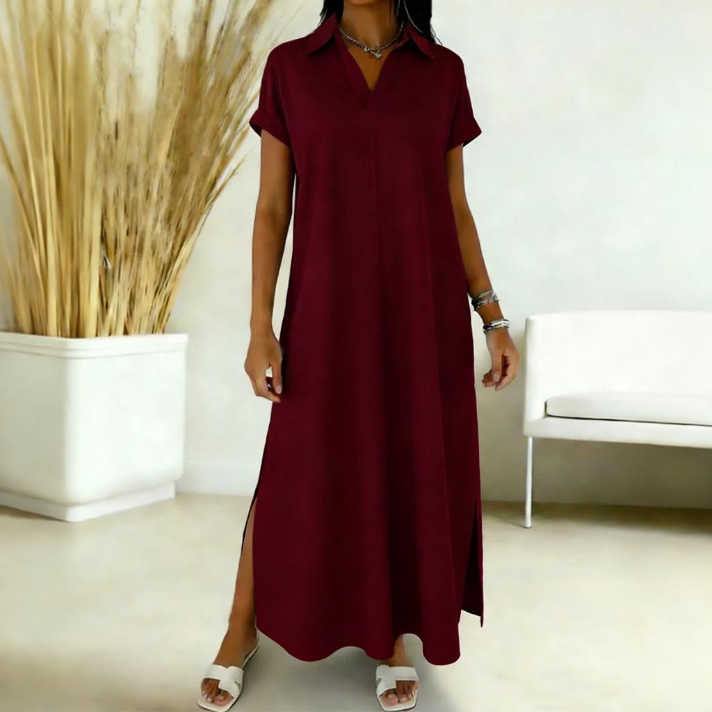 Women's Round-neck Short-sleeved -color Mid-length Loose-fitting Dress With Large Pockets And Casual