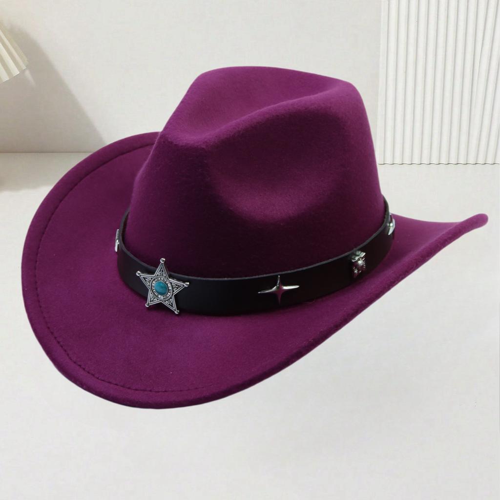 European and American Woolen Hat Women's Western Retro Cowboy Hat Men's Five-pointed Star Ethnic Style Decorative Flat Top Top Top Hat
