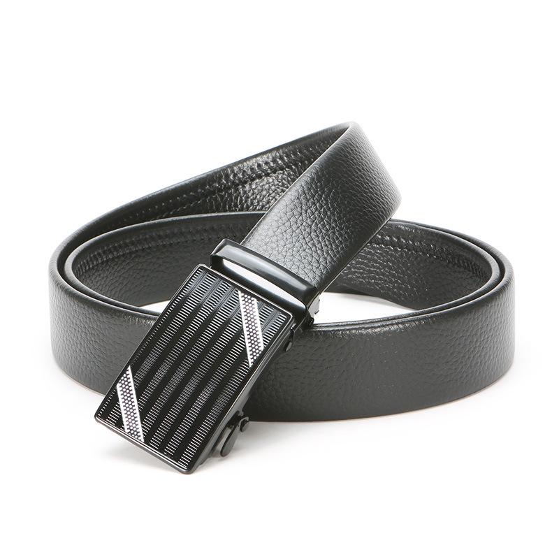 Men'S Automatic Buckle Iron Buckle Hemming Lychee Pattern Black Belt Middle-Aged And Young Business Belt