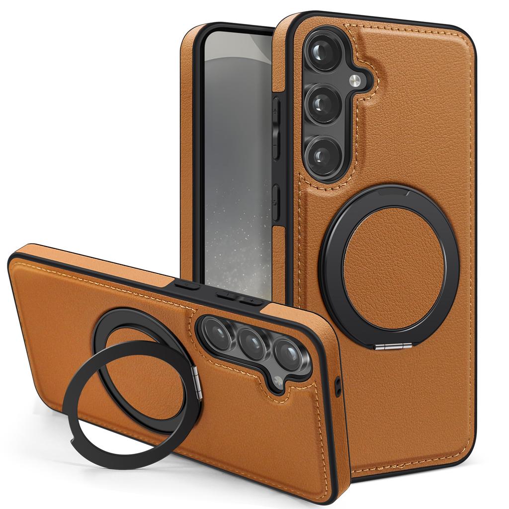For Samsung Galaxy S24 Case with Ring Kickstand Compatible with MagSafe PU Leather Back Cover