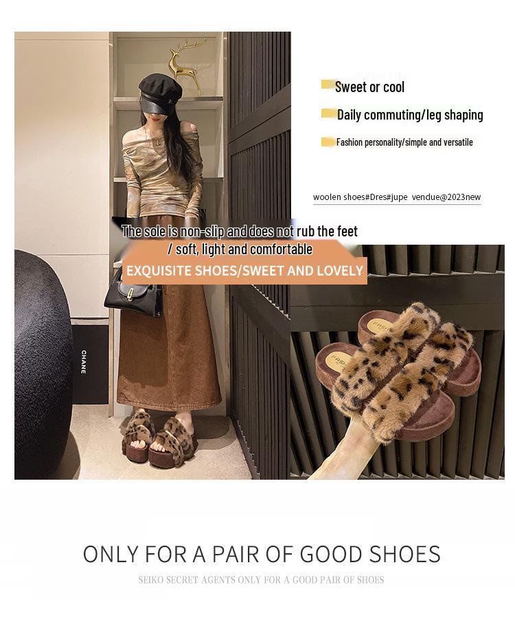 Damen Retro Leopard Print Fuzzy Hausschuhe, Herbst/Winter 2025, Plüsch Einriemen Baumwolle für Outdoor-Bekleidung
