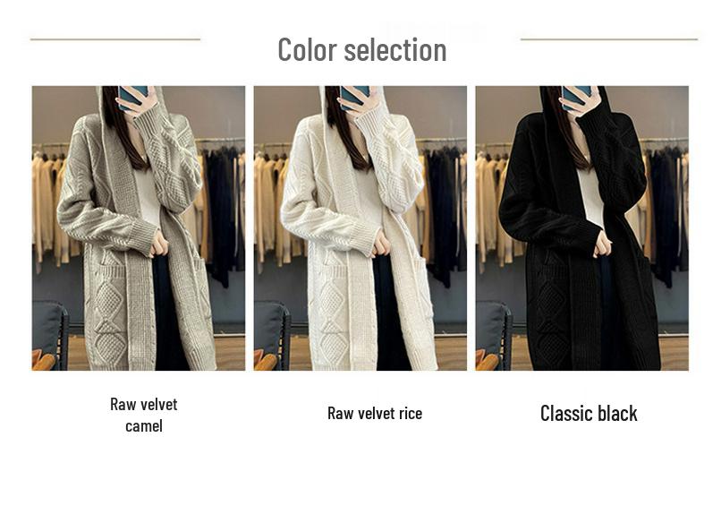 Women's Thick Hooded Mid-Length Knit Coat & Over-the-Knee Sweater Cardigan