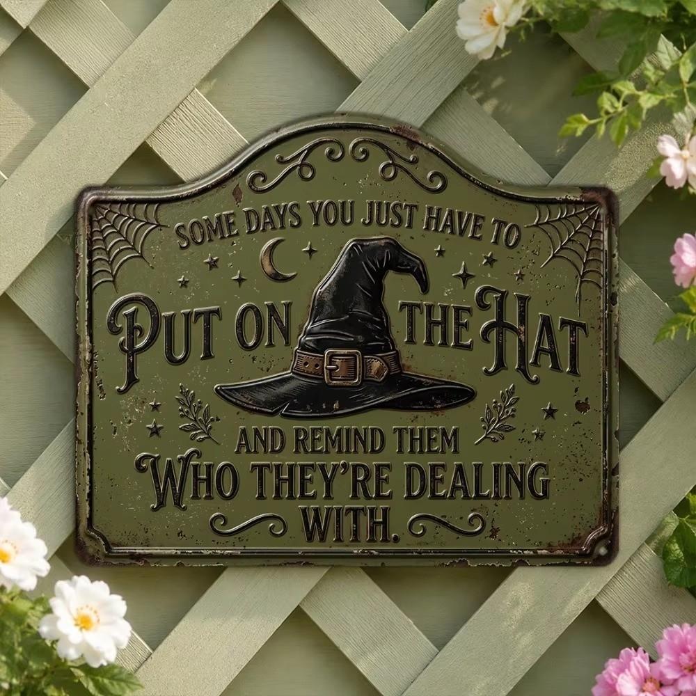 Vintage Witch Hat Sign 2D Flat Printing Retro Wall Art Sign Witch Hat Plaque Halloween Decoration