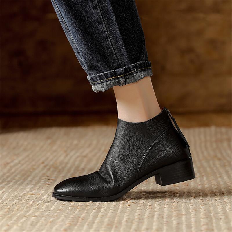 Mote Nye Høst Ekte Lær Dame Støvletter Casual Korte Støvletter for Damer Mote Støvletter Kraftige Hæler Damesko Konsise Ankelstøvletter