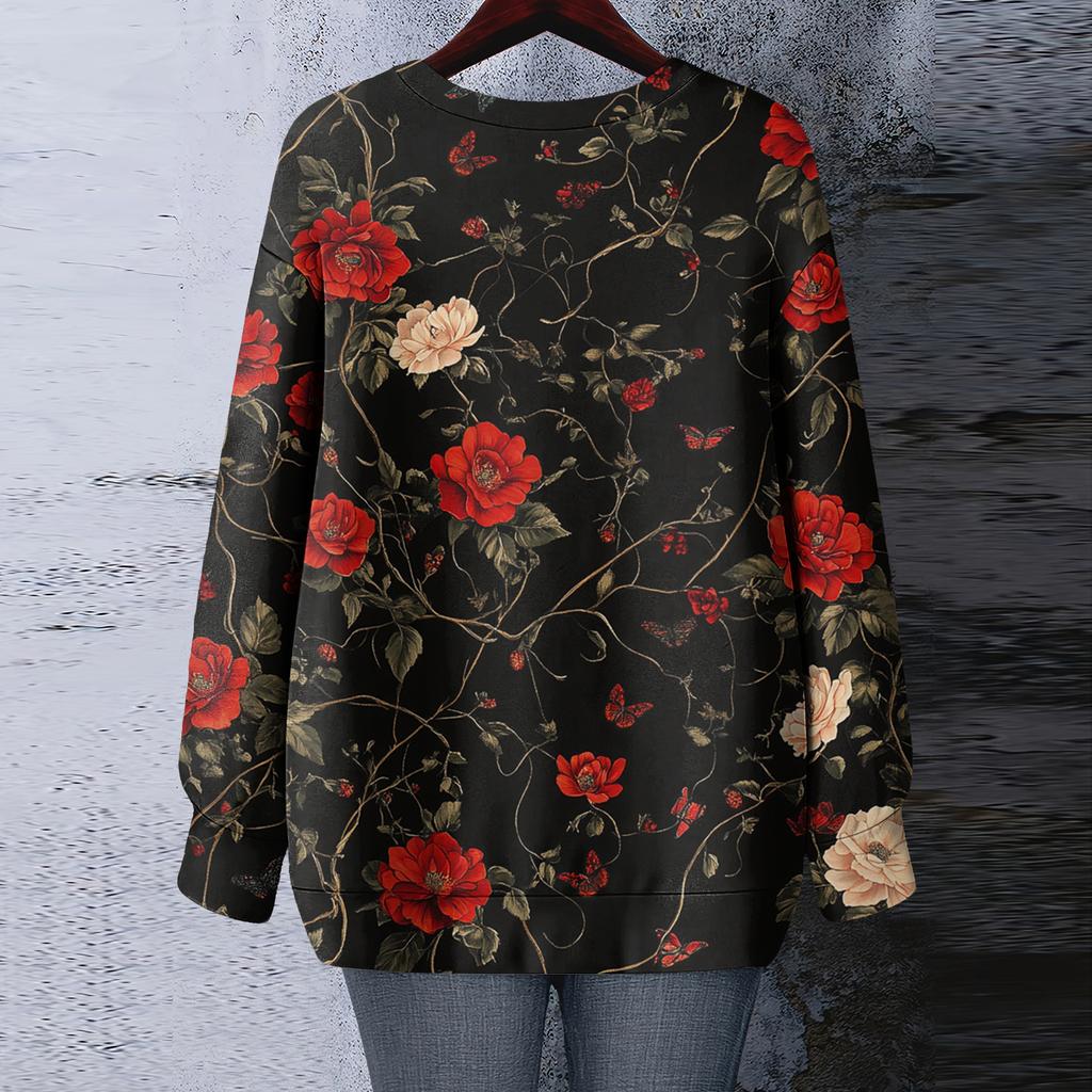 Women's Floral Print Round Neck Long Sleeved T-shirt Sweatshirt Top