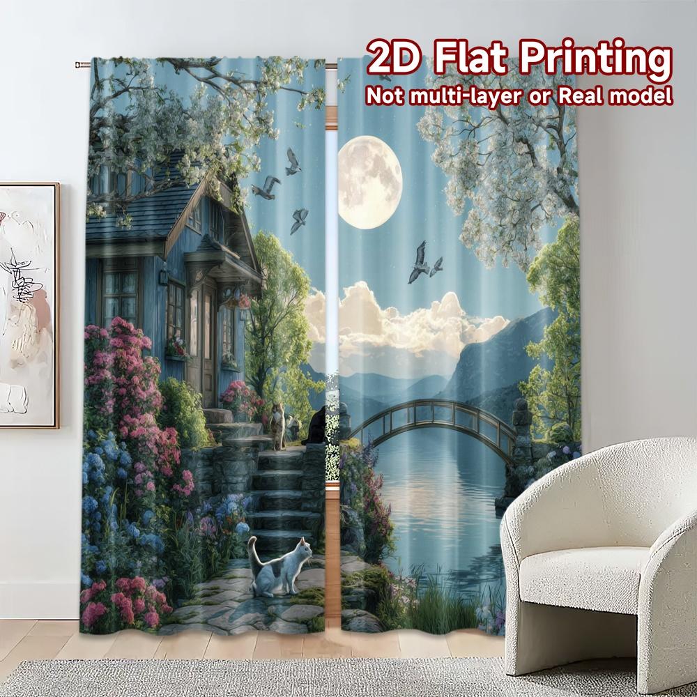 Set Of 2 Flat Printing Curtains Without Rod Moonlit Haven Pattern Versatile Polyester Festive Modern Made