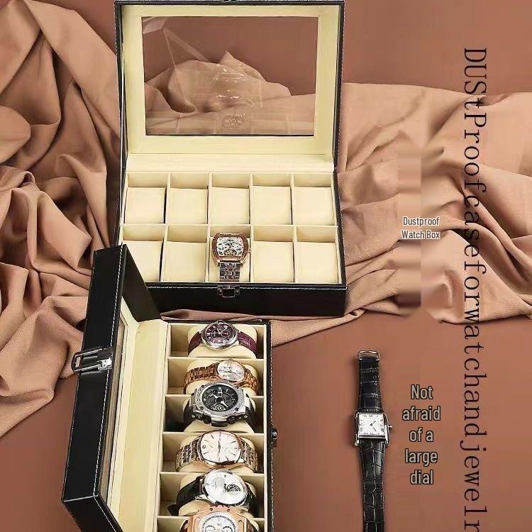 Leren Displaykast voor Horloges en Sieraden met Meerdere Sleuven en Dakraam