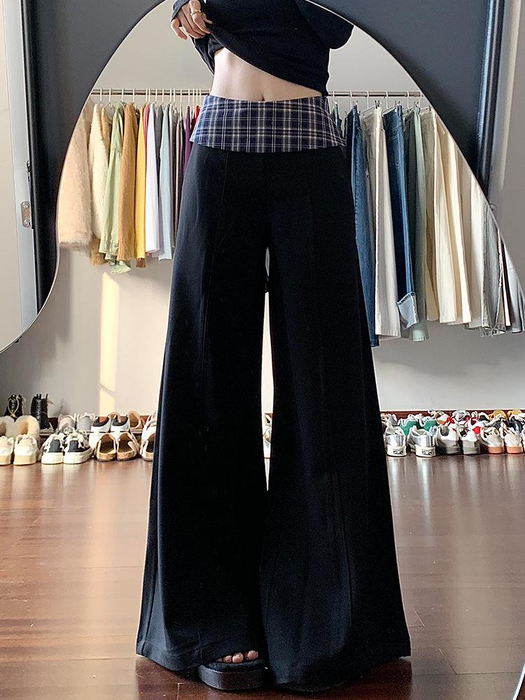Women's High-Waisted Black Plaid Wide-Leg Patchwork Pants - Autumn 2025 Collection