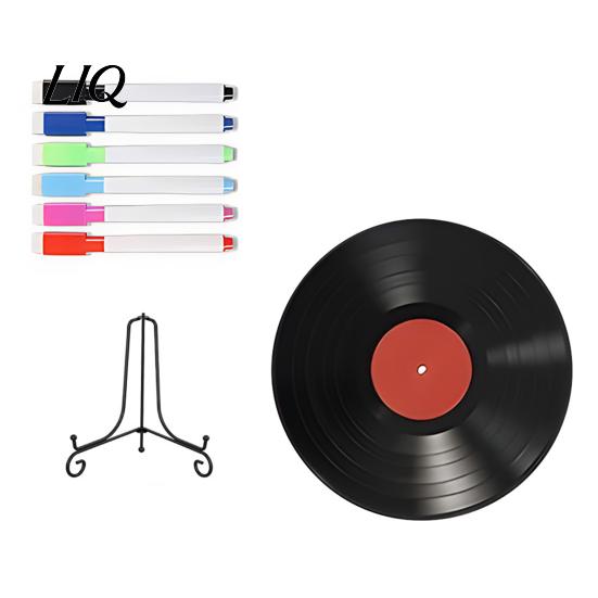 Retro Wall Decorations Vinyl Record DIY Graffiti Clock Ornament, Blank Acrylic Tabletop Reusable Drawing Surface Decor with Stand, Personalized