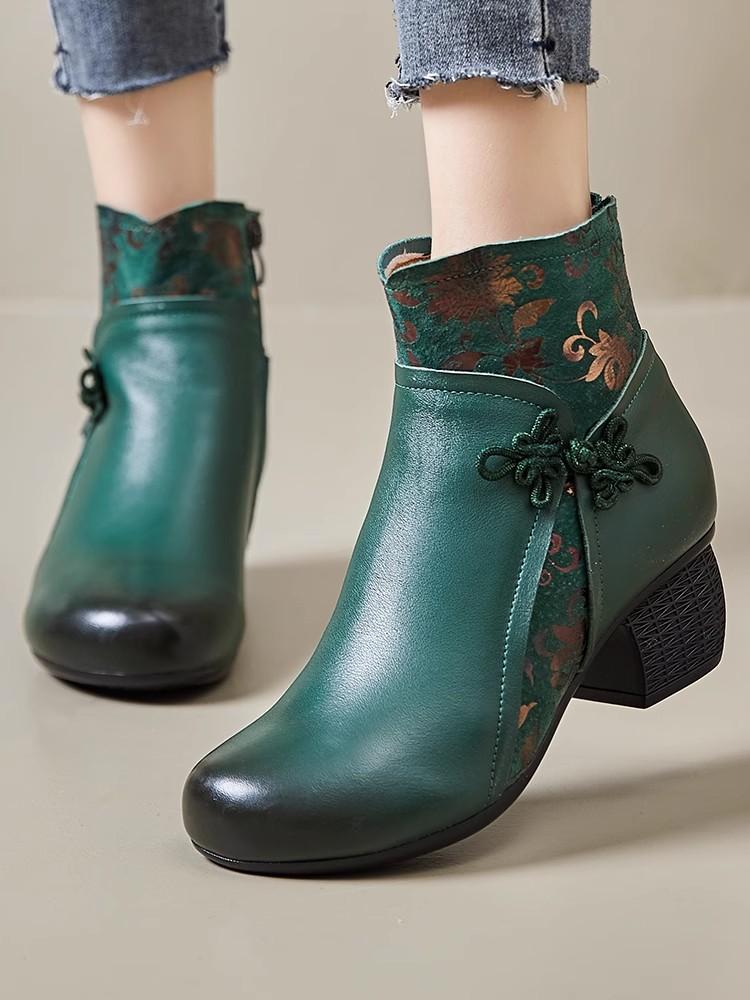 

Модные ботильоны GKTINOO из натуральной кожи 2025 Зима Новые Этнические Принтованные Женские Ботинки Мягкая Подошва Толстый Каблук Кожаные Ботинки для Мамы 9