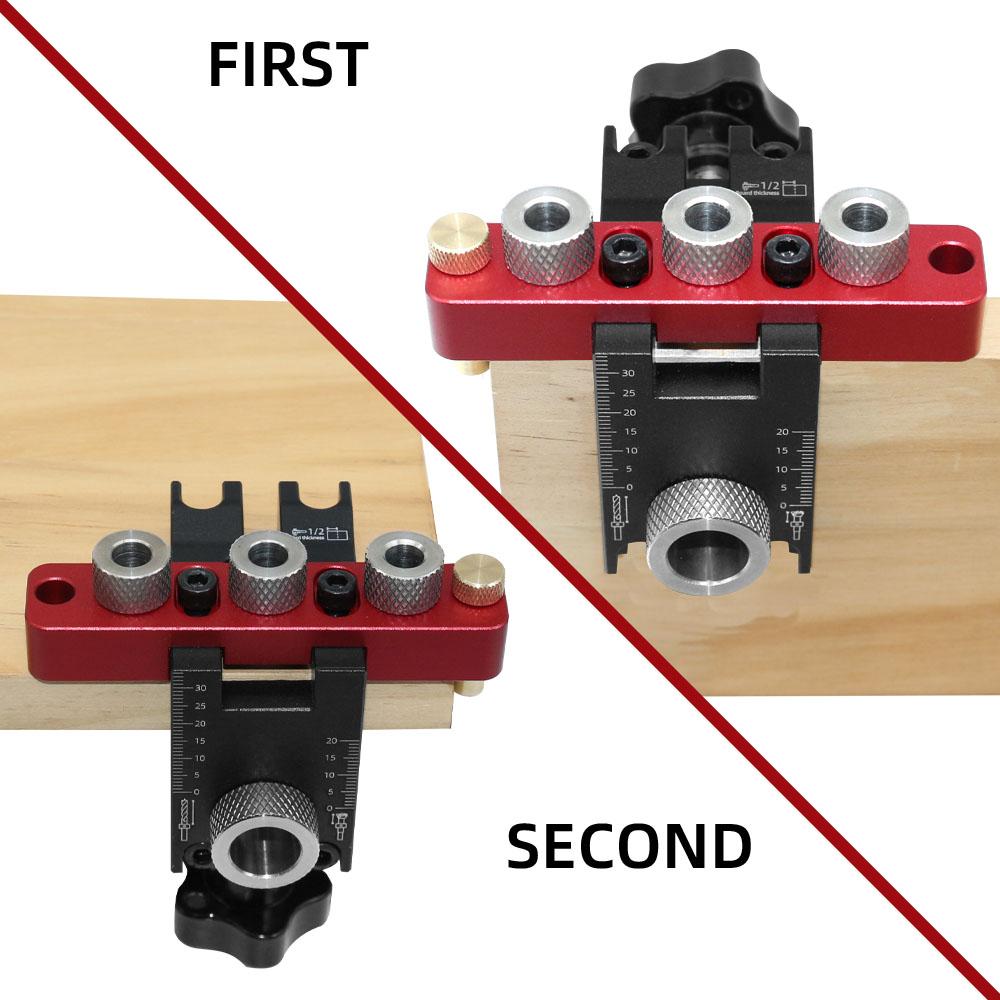 Holzbearbeitung 3 in 1 Dübelbohrlehre Universelle Dübel-Nocken-Bohrlehre Holzlochbohrführung Locator Einstellbares Taschenloch-Bohrlehren-Set