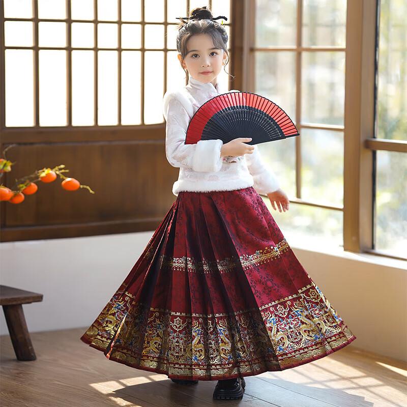 Girls' Velvet Hanfu Ma Mian Skirt Set - Winter 2025 New Chinese Style for Autumn/Winter and New Year Celebrations