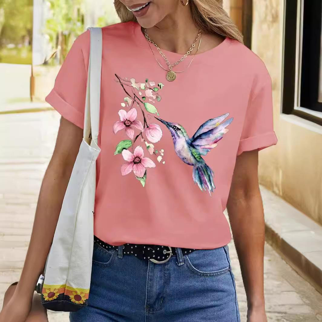 

Summer Round Neck 3D Bird Print Top Fashionable Casual Short Sleeved Women s T-shirts 6XL