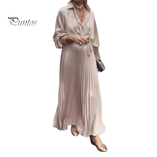 Women Dress Lapel V-Neck Long Sleeve Lace-up High Waist Long Dress Solid Color Pleated Hem Shirt Dress