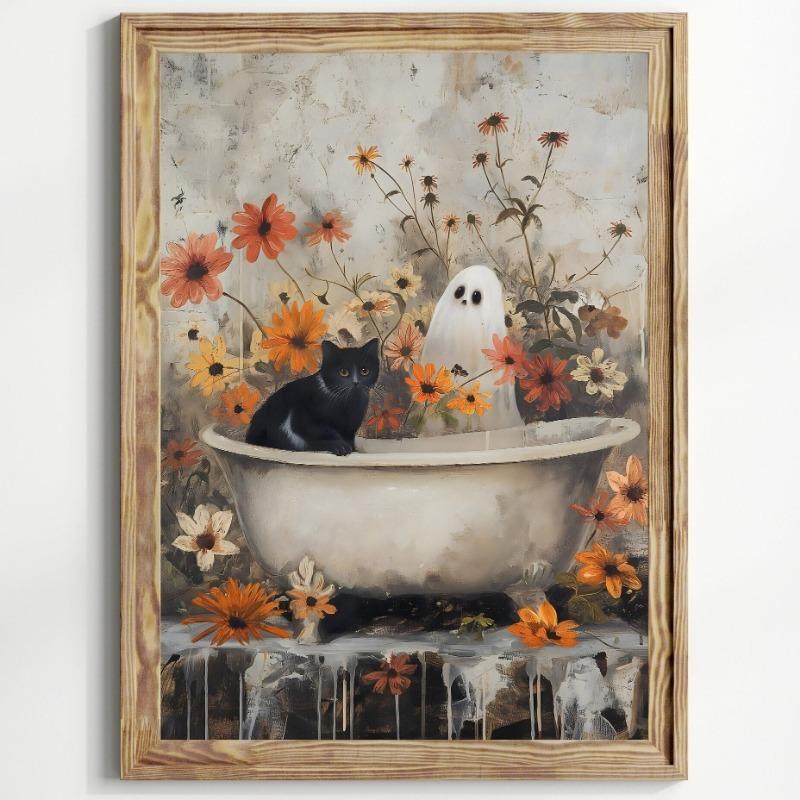 Poster Print Fantomă și Pisică Neagră Flori Sălbatice de Pădure Pictură pe Pânză cu Dovleac Artă Spooky de Halloween Cameră Dark Academia Decor Acasă